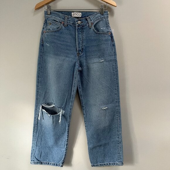 Etica Altin Loose Crop Ithaca Distressed Ripped Demin Jeans NEW $268 Size 25 - Picture 2 of 8